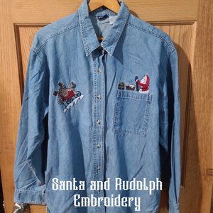 Santa and Rudolph Embroidered Long sleeve Denim Shirt